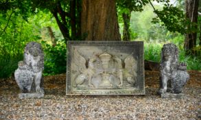 A PAIR OF COMPOSITION STONE LION ARMORIAL SHIELD SUPPORTERS, 20TH CENTURY