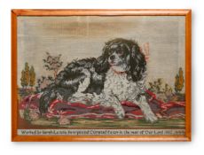 A LARGE VICTORIAN WELSH NEEDLEWORK PICTURE OF A SPANIEL, WORKED BY SARAH LEWIS IN 1882
