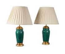 A PAIR OF FRENCH GREEN CERAMIC VASE TABLE LIGHTS, LATE 19TH CENTURY