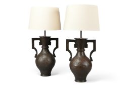 A PAIR OF BRONZED BRASS ALHAMBRA URN FORM TABLE LIGHTS, 19TH CENTURY