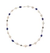 A TANZANITE, DIAMOND AND FRESHWATER CULTURED PEARL NECKLACE