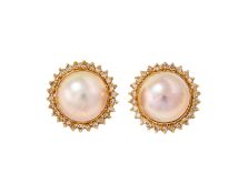 A PAIR OF MABÉ PEARL AND DIAMOND CLUSTER EARRINGS