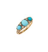 A LATE VICTORIAN AND LATER TURQUOISE AND DIAMOND SEVEN STONE RING