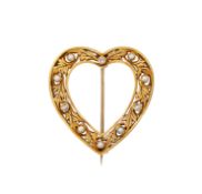 A LATE 19TH CENTURY DIAMOND AND HALF PEARL HEART BROOCH
