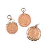 A SOVEREIGN PENDANT, A HALF SOVEREIGN PENDANT, AND A FURTHER PENDANT