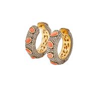 Y A PAIR OF CORAL AND DIAMOND HOOP EARRINGS