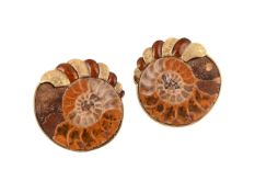A PAIR OF AMMONITE AND ENAMEL EARRINGS