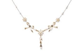 AN ENAMEL, DIAMOND AND PEARL NECKLACE