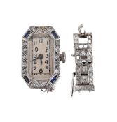 A DIAMOND AND SYNTHETIC SAPPHIRE COCKTAIL WATCH HEAD AND STRAP SECTION