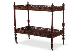 A REGENCY CRIMSON-PAINTED, PARCEL-GILT AND JAPANNED TWO TIER ÉTAGÈRE, CIRCA 1820