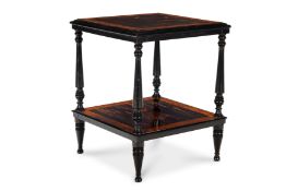 AN AESTHETIC PERIOD CALAMANDER, THUYA-BANDED, EBONISED AND MARQUETRY TWO-TIER TABLE, CIRCA 1890