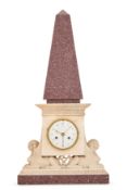 A FRENCH EMPIRE IMPERIAL PORPHYRY AND WHITE MARBLE MANTEL CLOCK