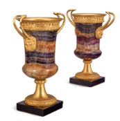 A PAIR OF GILT-BRONZE-MOUNTED BLUE JOHN URNS, CIRCA 1800/1820