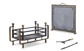 A BRASS & IRON FIRE BASKET IN THE FRENCH ART DECO MANNER