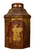 A VICTORIAN CRIMSON AND GILT JAPANNED TEA CANISTER IN THE REGENCY CHINOISERIE TASTE