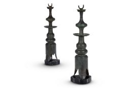A PAIR OF BRONZE LIGHT BASES OF CHINESE ARCHAIC FORM, AMERICAN, EARLY/MID 20TH CENTURY
