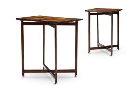 Y A MATCHED PAIR OF SINHALESE EBONY-BOUND SPECIMEN PARQUETRY TRAYS ON STANDS, GALLE, CIRCA 1850