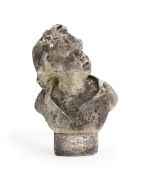 A WEATHERED CARVED MARBLE BUST OF A CHILD , PROBABLY LATE 18TH/EARLY 19TH CENTURY