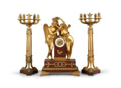 † AN IMPRESSIVE FRENCH EMPIRE ORMOLU AND ROSSO, FRANCIA FIGURAL MANTEL CLOCK ‘PSYCHE CROWNING AMOR’