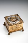 A VERY RARE GERMAN RENAISSANCE IRON AND GILT COPPER QUARTER-STRIKING ASTRONOMICAL TABLE CLOCK
