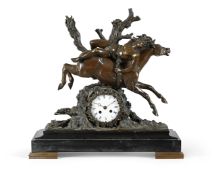 A FRENCH PATINATED BRONZE EQUESTRIAN FIGURAL MANTEL CLOCK DEPICTING LORD BYRON'S 'MAZEPPA'