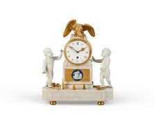 A FINE GEORGE III ORMOLU, JASPERWARE AND BISCUIT PORCELAIN MOUNTED WHITE MARBLE MANTEL TIMEPIECE