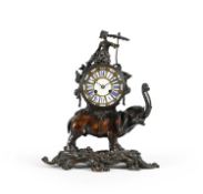 A FRENCH LOUIS XV STYLE PATINATED BRONZE MANTEL CLOCK 'PENDULE A L'ELEPHANT'