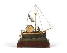 A RARE FRENCH GILT BRASS, BRONZE AND ROSSO FRANCIA MARBLE NOVELTY AUTOMATON TIMEPIECE 'THE OARSMAN'