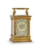AN ENGRAVED AND CHAMPLEVE ENAMELLED ANGLAISE RICHE CASED REPEATING CARRIAGE CLOCK WITH ALARM