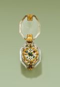 AN IMPORTANT CHARLES I GOLD AND CHAMPLEVE ENAMEL MOUNTED ROCK CRYSTAL PRE-HAIRSPRING PENDANT WATCH