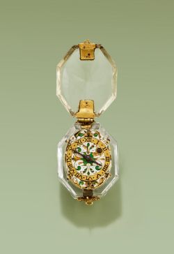 AN IMPORTANT CHARLES I GOLD AND CHAMPLEVE ENAMEL MOUNTED ROCK CRYSTAL PRE-HAIRSPRING PENDANT WATCH