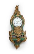 Y A FRENCH GILT BRASS MOUNTED GREEN PAINTED TORTOISHELL DECORATED BRACKET CLOCK WITH WALL BRACKET