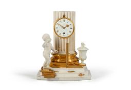 Y A FINE GEORGE III ORMOLU & DERBY BISCUIT PORCELAIN MOUNTED WHITE MARBLE 'COLUMN' MANTEL TIMEPIECE
