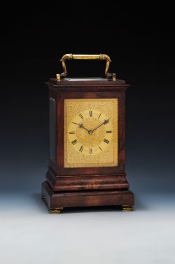Y A FINE EARLY VICTORIAN ROSEWOOD GIANT CARRIAGE CLOCK WITH PULL TRIP-HOUR REPEAT