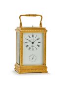 A FRENCH ENGRAVED GILT CENTRE-SECONDS REPEATING ALARM CARRIAGE CLOCK MADE FOR THE CHINESE MARKET