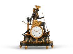A FINE AND RARE FRENCH EMPIRE GILT AND PATINATED BRONZE FIGURAL MANTEL CLOCK ‘L’AMERIQUE’