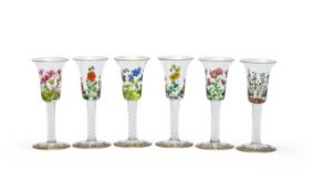 A SET OF SIX ENAMELLED AND OPAQUE TWIST WINE GLASSES, 20TH CENTURY