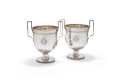A PAIR OF FRENCH SILVER TWIN HANDLED PEDESTAL WINE COOLERS, MAKER'S MARK AE OVER G