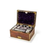 Y A MAHOGANY AND BRASS BOUND TRAVELLING TOILET BOX, CIRCA 1830