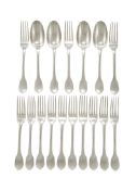 A SET OF THIRTEEN FRECH SILVER TABLE FORKS AND FOUR TABLE SPOONS, ÉMILE PUIFORCAT, PARIS