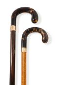 Y TWO 9 CARAT GOLD AND TORTOISESHELL MOUNTED WALKING STICKS
