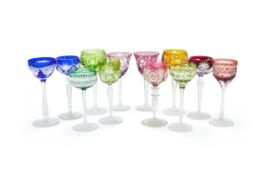 A HARLEQUIN GROUP OF TWELVE CZECH HOCK GLASSES, 20TH CENTURY