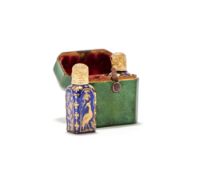 A PAIR OF GEORGE III INLAID BLUE GLASS SCENT BOTTLES WITH GOLD COVERS, POSSIBLY JAMES GILES WORKSHOP
