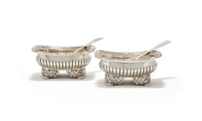 A PAIR OF GEORGE III SILVER OBLONG SALTS, MAKER'S MARK ... F, LONDON 1818 AND 1819