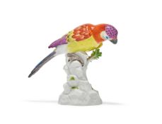 A MEISSEN MODEL OF A PARROT, BLUE CROSSED SWORDS MARK, 20TH CENTURY
