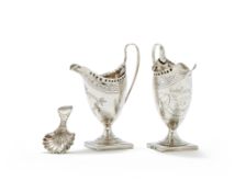 TWO GEORGE III HELMET SHAPED CREAM JUGS AND A CADDY SPOON BY PETER & ANN BATEMAN