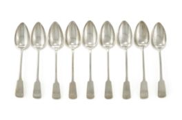 NINE GEORGE III SCOTTISH PROVINCIAL SILVER FIDDLE PATTERN TABLE SPOONS, DONALD FRASER, INVERNESS
