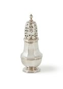 A GEORGE I BRITANNIA STANDARD SILVER OCTAGONAL BALUSTER CASTER, JOSEPH WARD, LONDON 1716