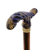 Y A GOLD MOUNTED AND PORCELAIN HANDLED WALKING STICK, UNMARKED, EARLY 19TH CENTURY