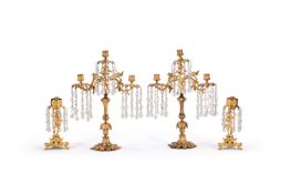 TWO PAIRS OF GLASS MOUNTED GILT METAL CANDLESTICK LUSTRES, FRENCH, LATE 19TH CENTURY